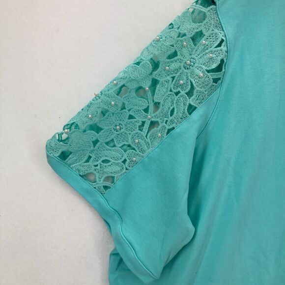 Quacker Factory Lace Sleeve Blouse Button Up V Neck Blue‎ Knit Boho Women's 3X - Picture 3 of 16